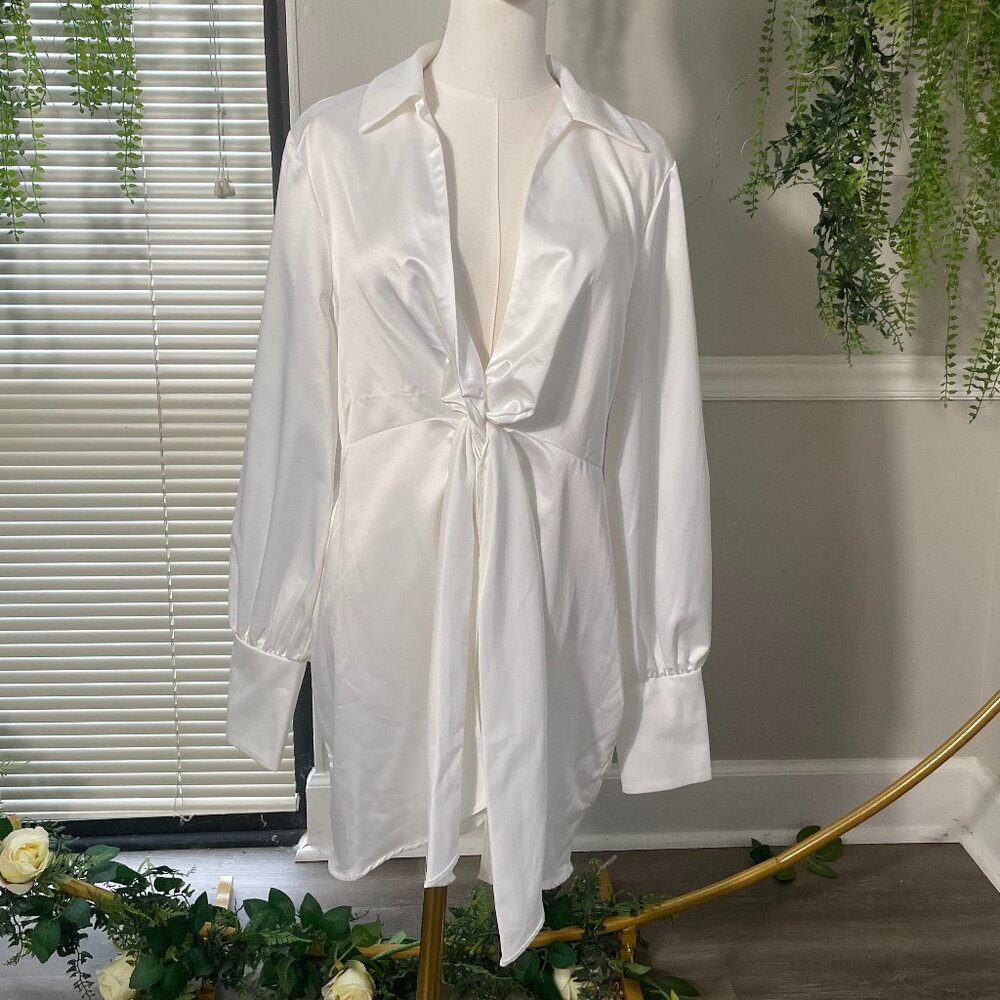 Topshop | White Satin Twist Front Mini Shirtdress